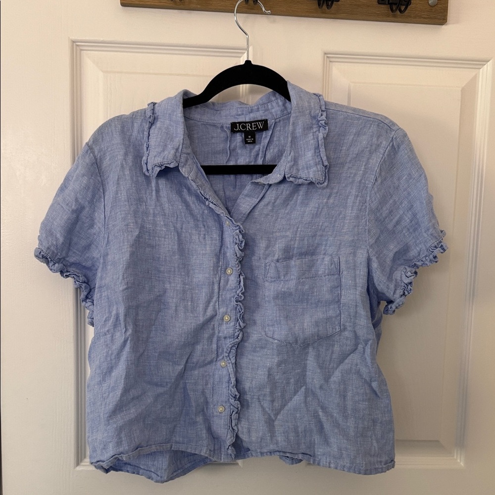 J Crew baby blue linen ruffle button down cottagecore blouse top size medium